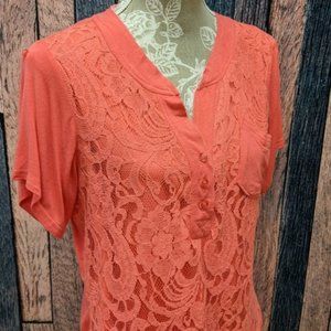 Lace Overlay Coral Tee